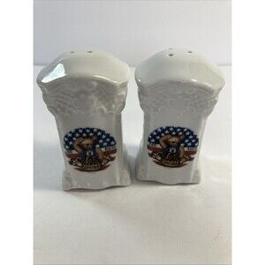 Vintage Enesco Patriotic Teddy Bear White  Salt Pepper Shakers